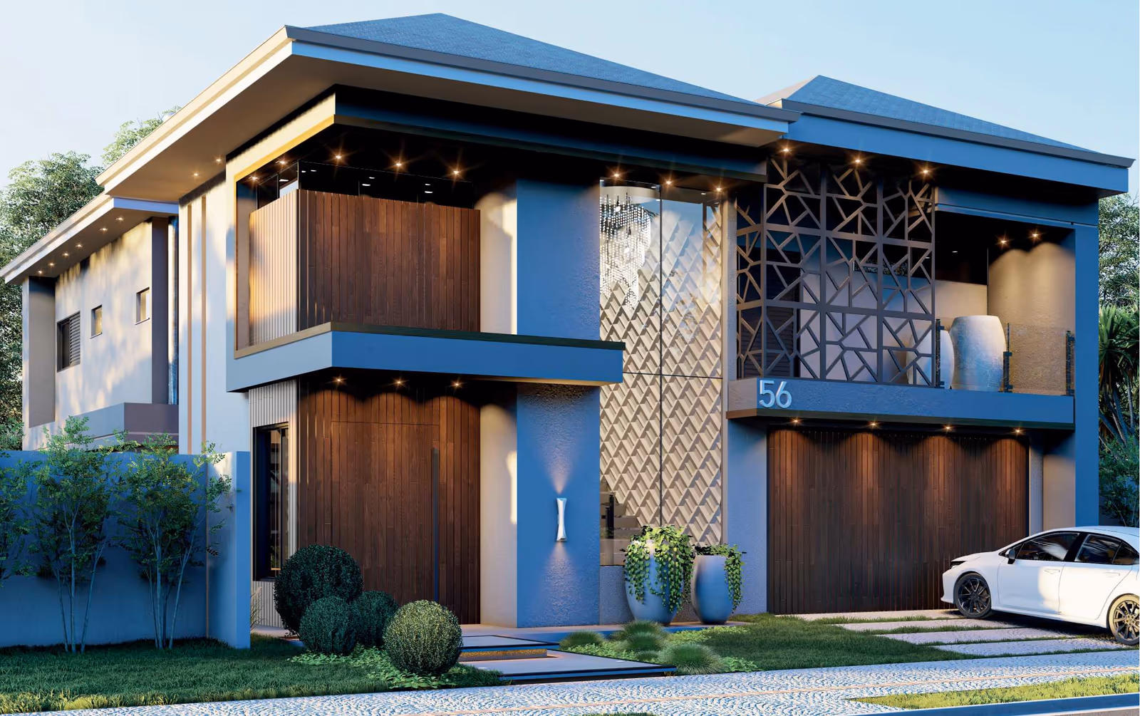 A casa em perspectiva: dois pavimentos, painel vazado, muro e jardim