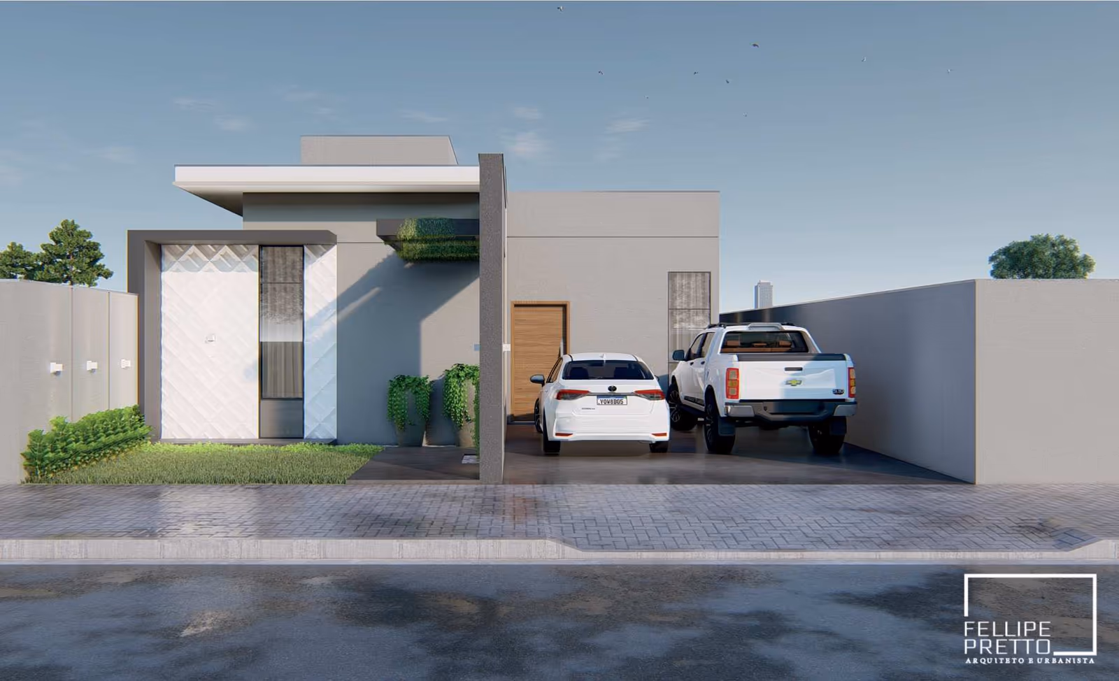 Fachada térrea com garagem, muro e entrada, vista da rua