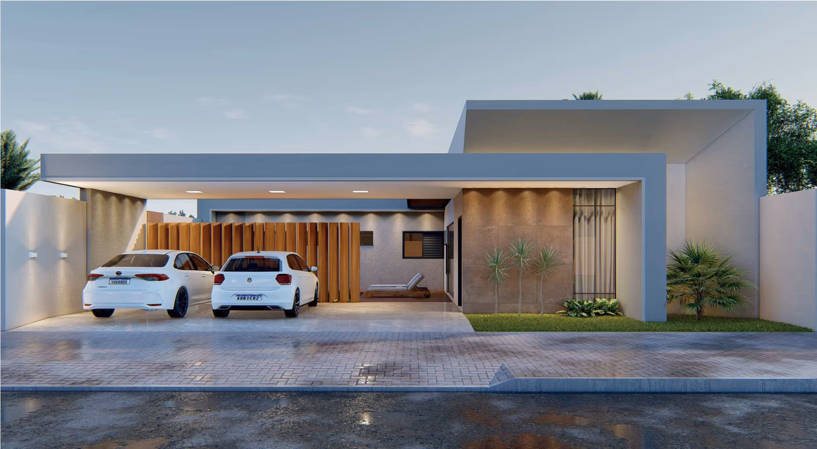 Fachada frontal térrea ao entardecer, com garagem, brise de madeira e jardim