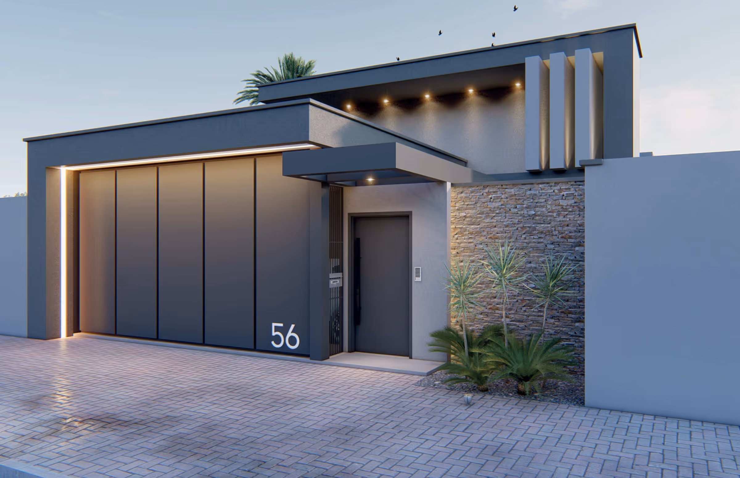 A mesma fachada em perspectiva, com portão de garagem, entrada e muro de pedra