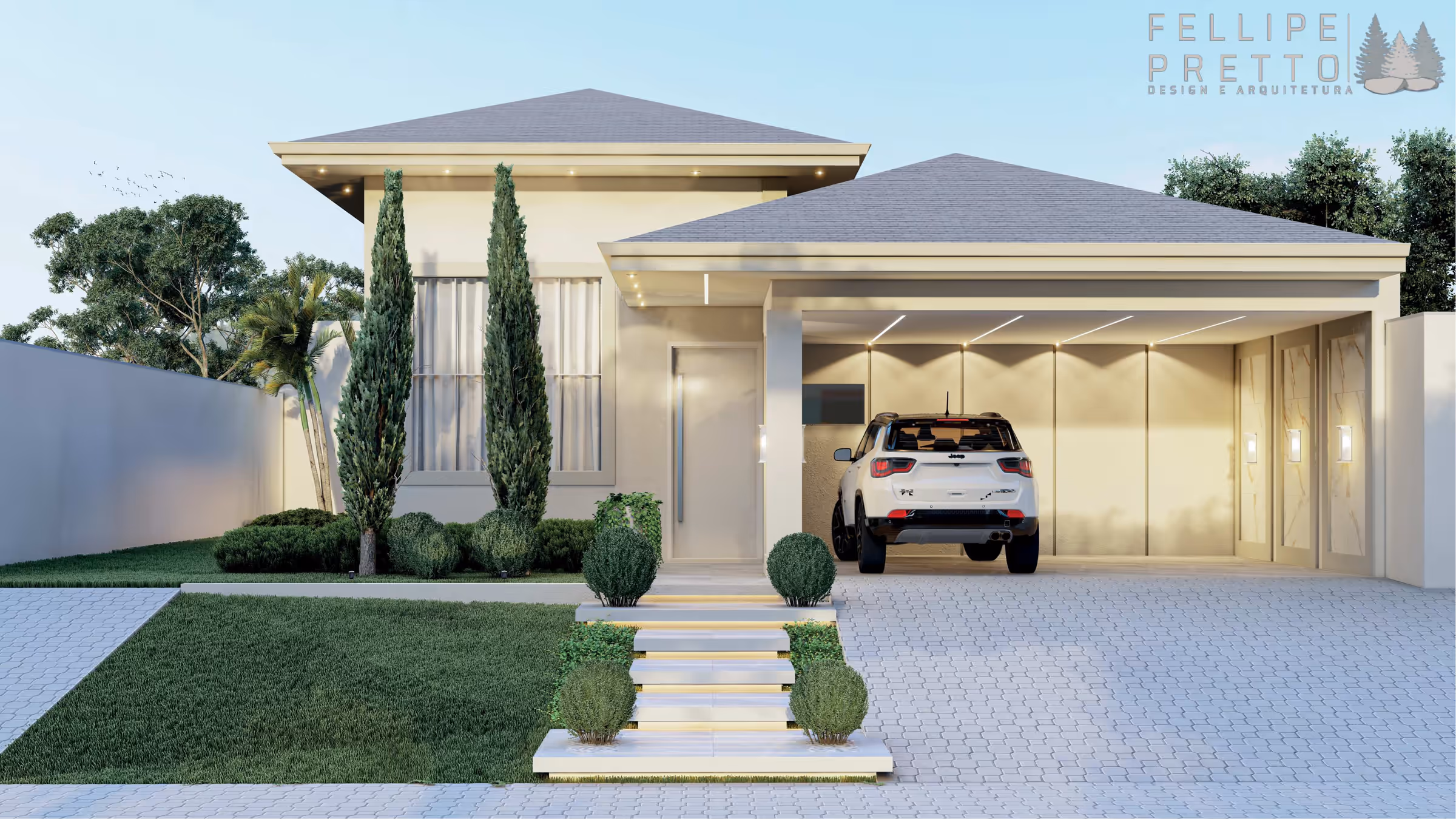 Fachada frontal da casa térrea com telhado shingle, ciprestes e garagem coberta