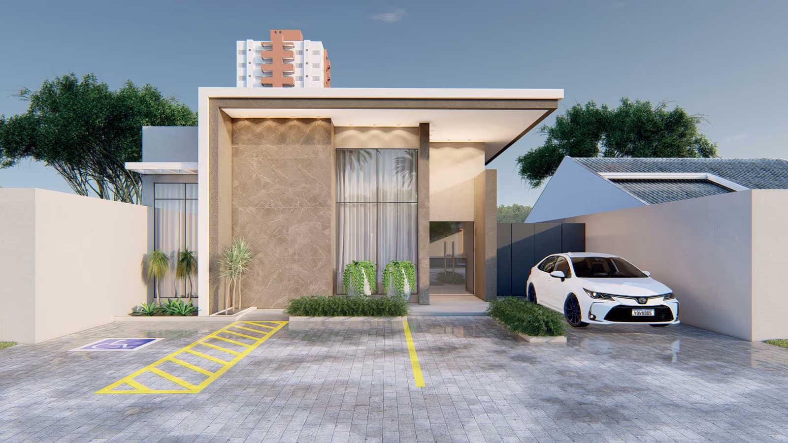 Fachada frontal do escritório, com pórtico, painel marmorizado e estacionamento