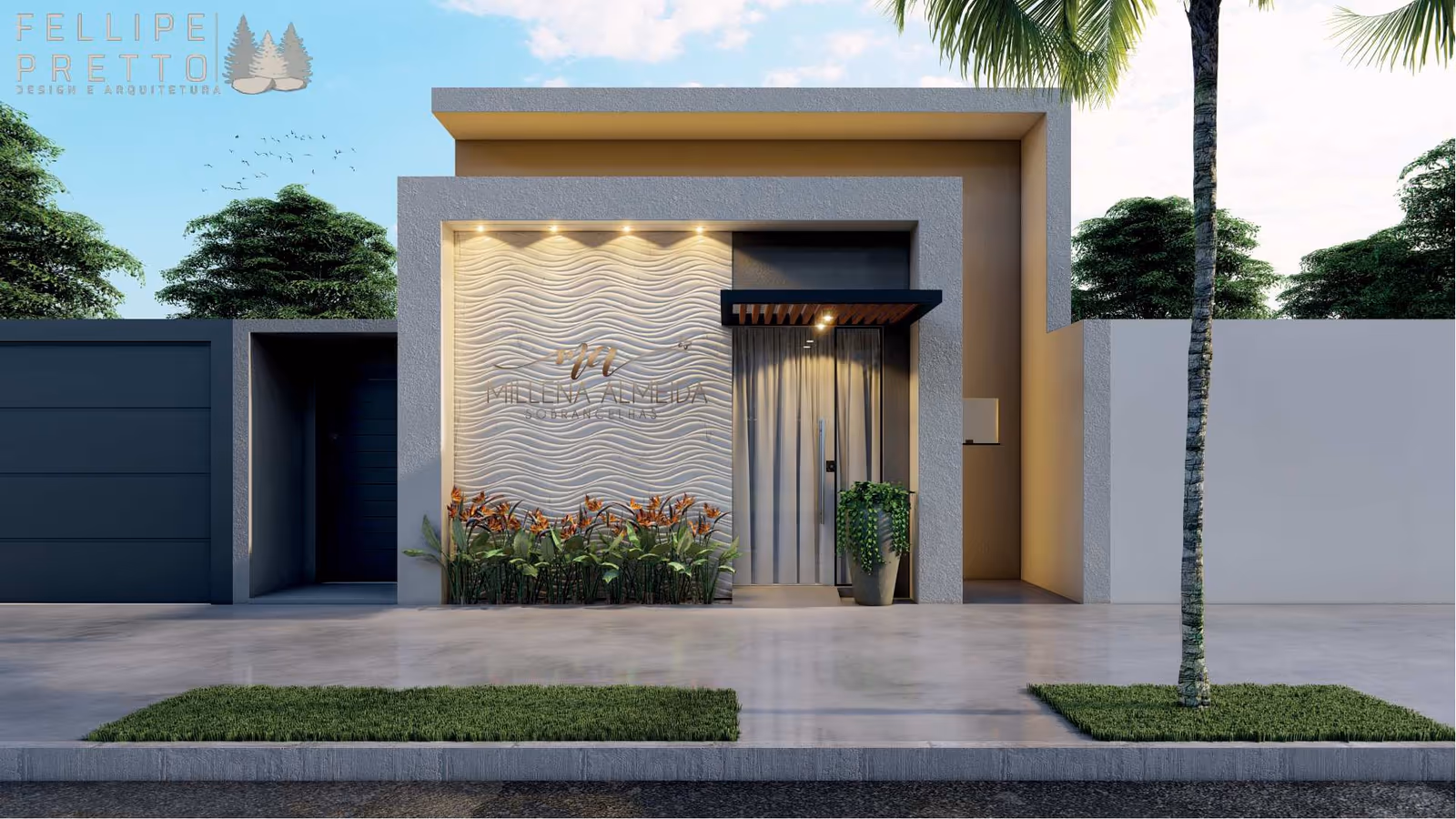Fachada frontal do estúdio, com painel ondulado, logotipo em relevo e porta de vidro